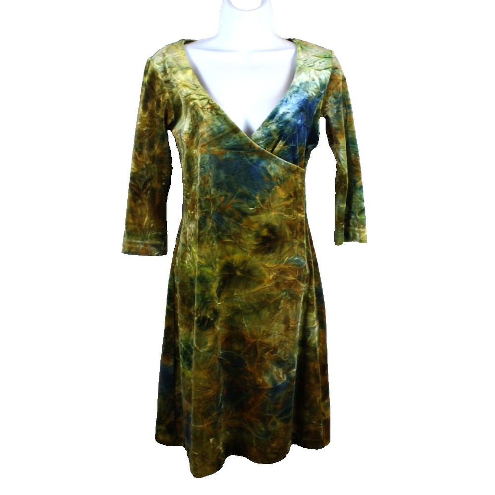 Betsey Johnson Dress Crushed Velvet Wrap Stretch Sz Medium Short 3/4 Sleeve Y2K